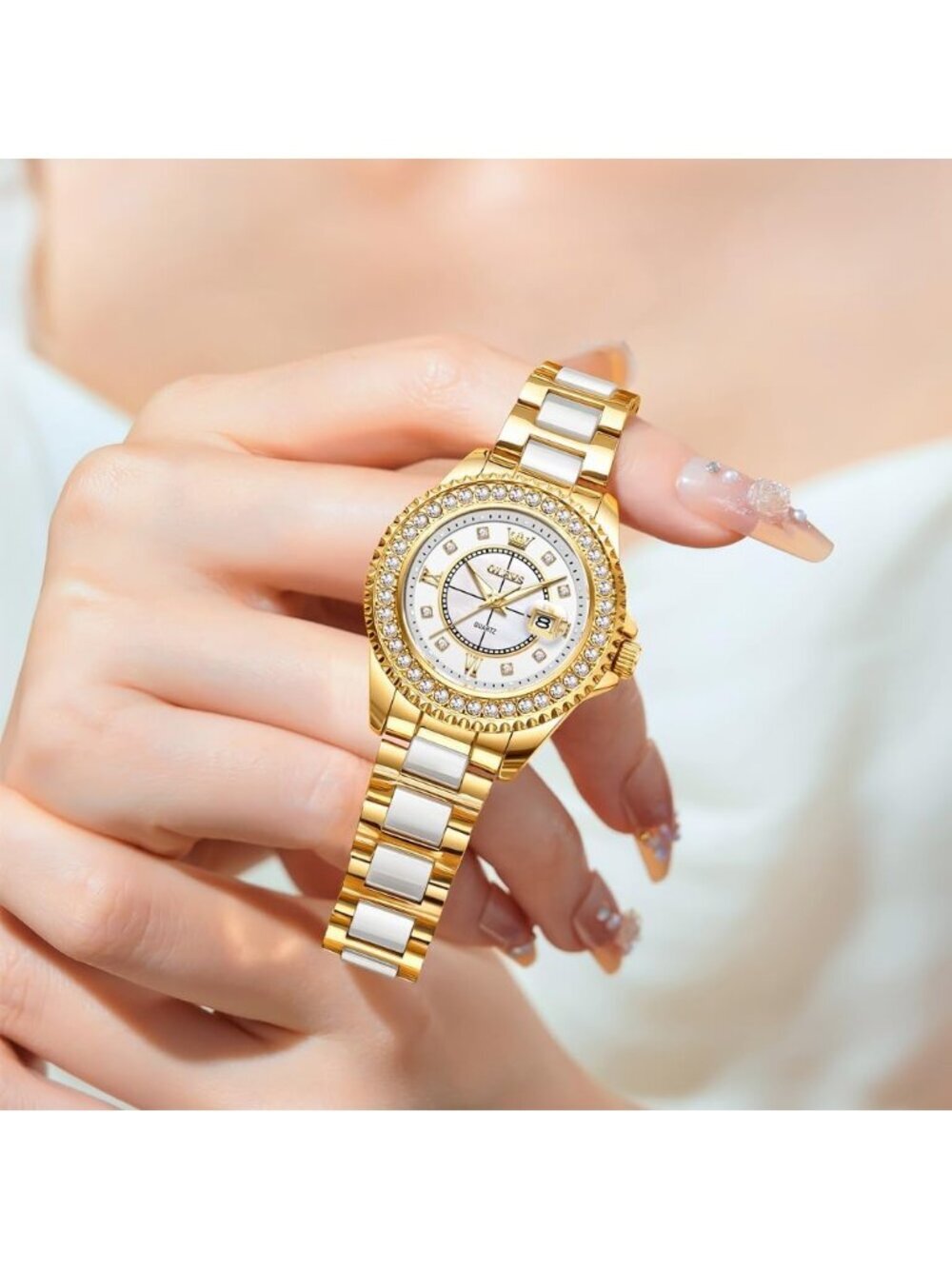 Olevs Women's White Dial Skeleton Diamond Gold Automatic Elegant Luxury Watch - Picture 2 of 6